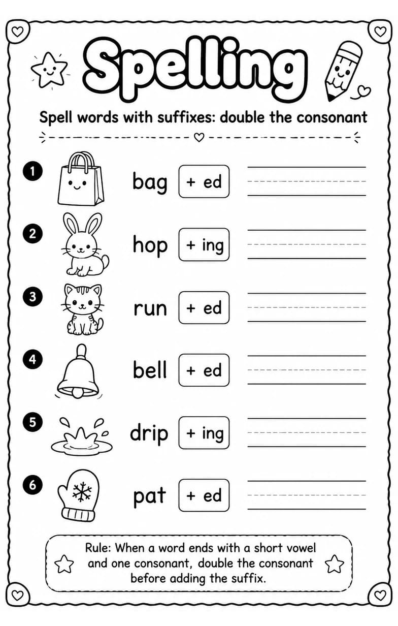 Spell words with suffixes: double the consonant — free printable Grade 2 English & Reading worksheet