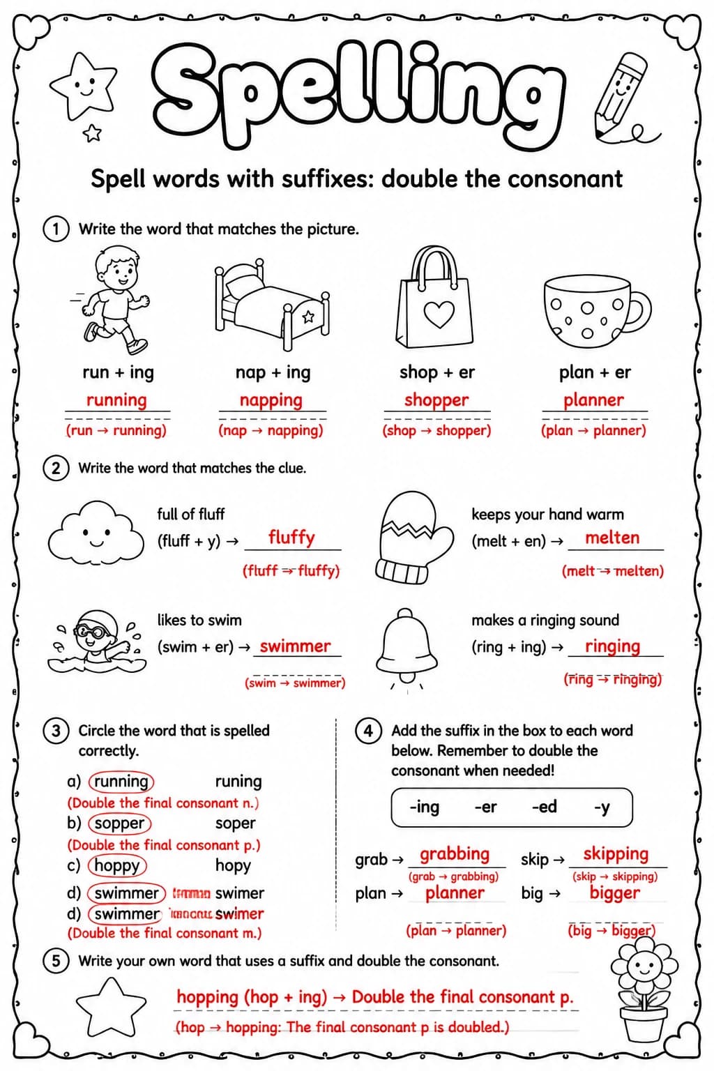Answer key for Spell words with suffixes: double the consonant — free printable English & Reading worksheet