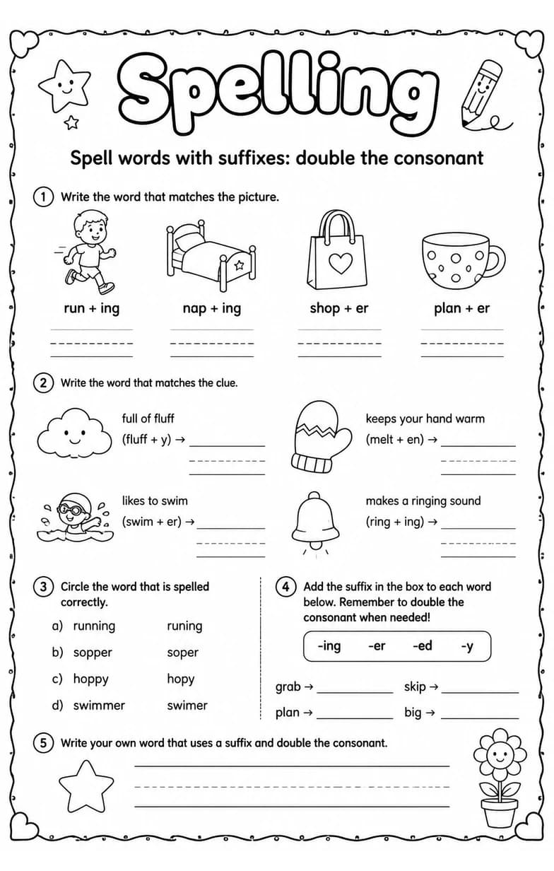Spell words with suffixes: double the consonant — free printable Grade 3 English & Reading worksheet