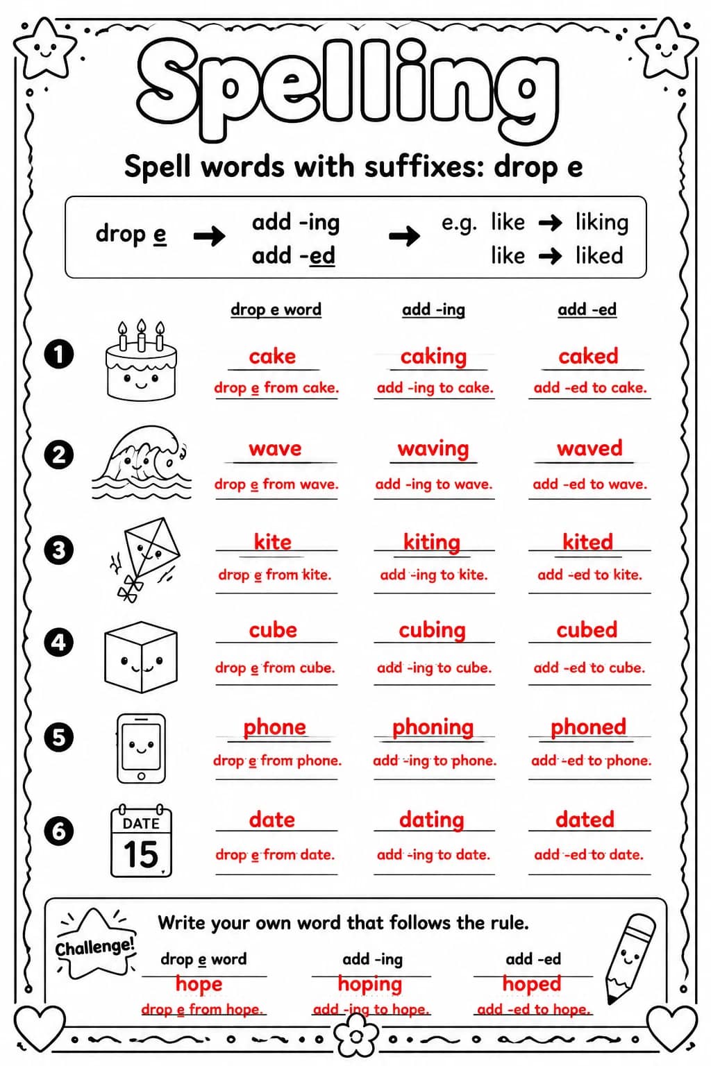 Answer key for Spell words with suffixes: drop e — free printable English & Reading worksheet