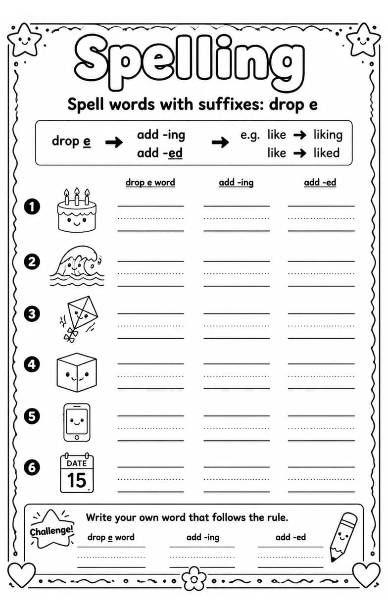 Spell words with suffixes: drop e — free printable Grammar and mechanics English worksheet