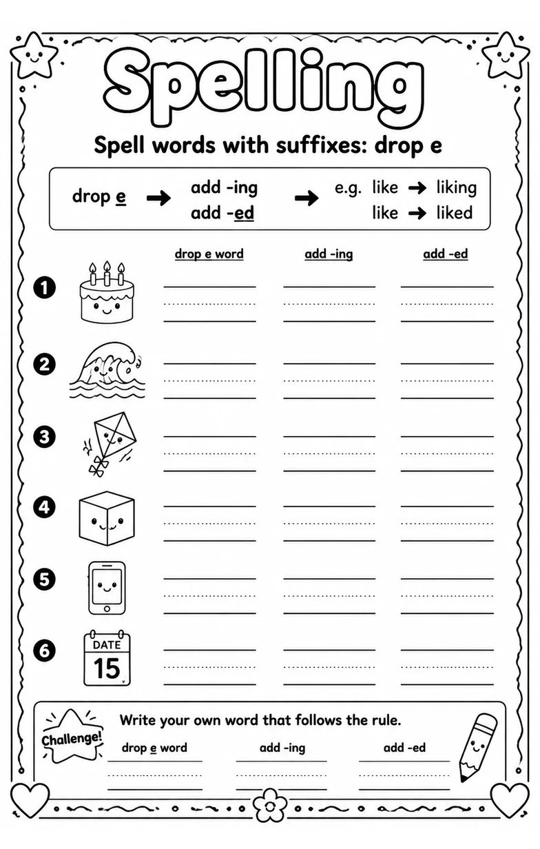 Spell words with suffixes: drop e — free printable Grade 2 English & Reading worksheet
