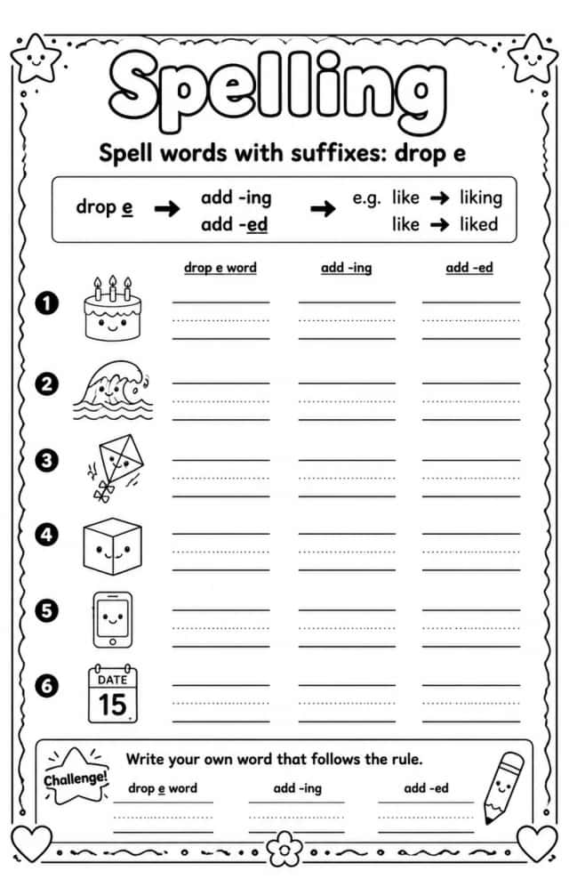 Spell words with suffixes: drop e