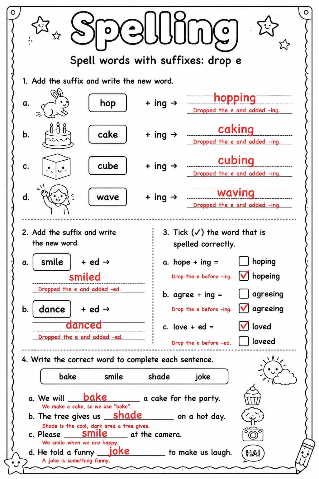Answer key for Spell words with suffixes: drop e — free printable English & Reading worksheet