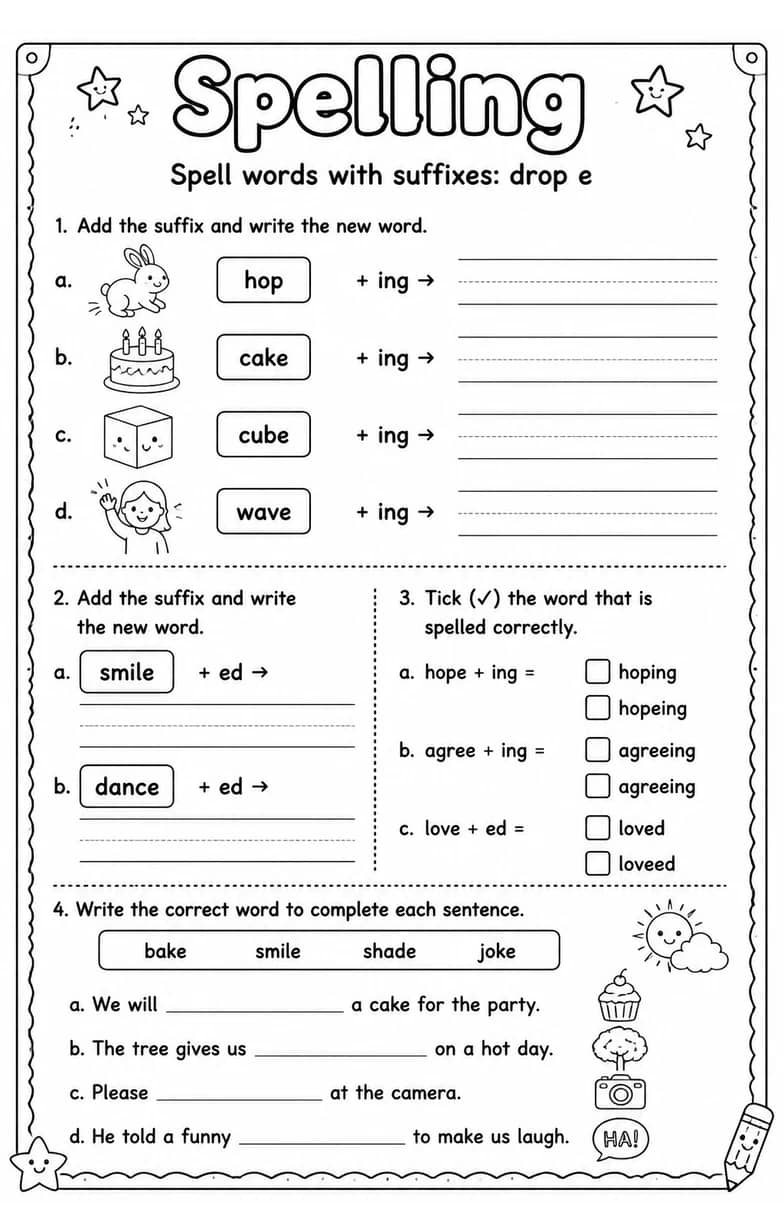 Spell words with suffixes: drop e — free printable Grammar and mechanics English worksheet