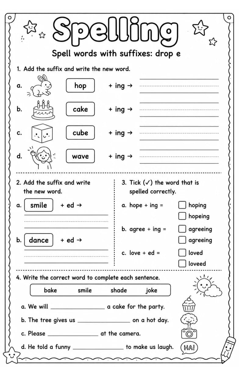 Spell words with suffixes: drop e — free printable Grade 3 English & Reading worksheet