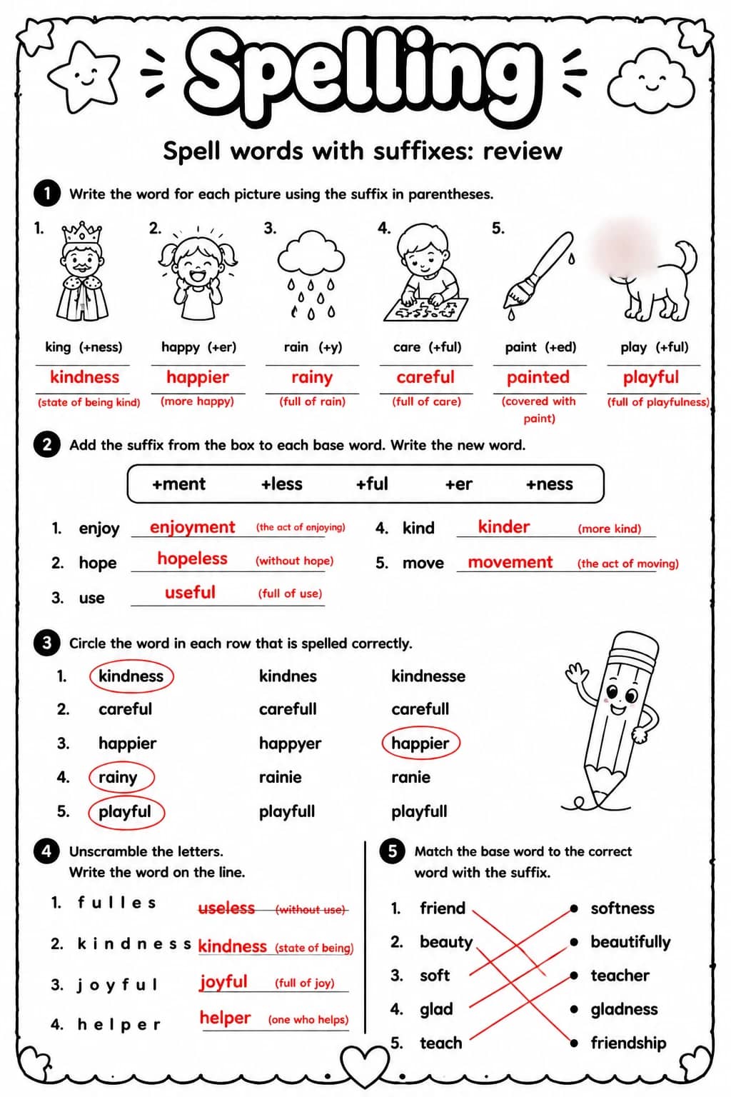 Answer key for Spell words with suffixes: review — free printable English & Reading worksheet