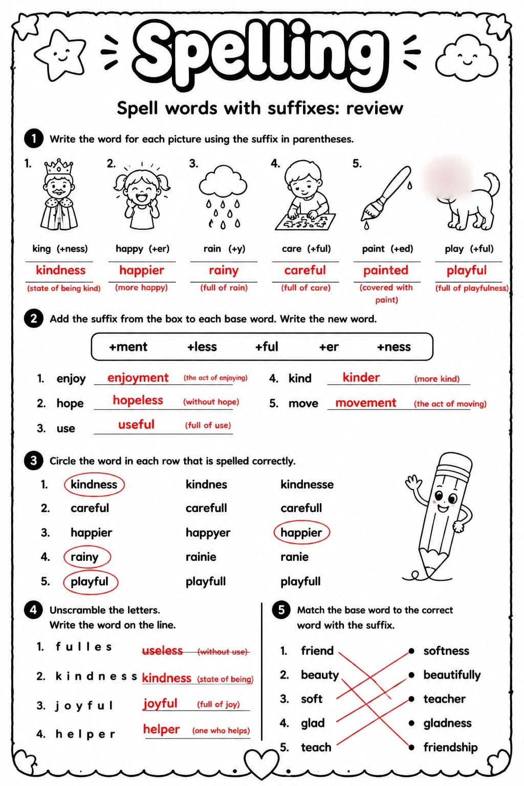 Answer key for Spell words with suffixes: review — free printable English & Reading worksheet