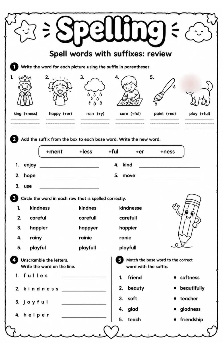 Spell words with suffixes: review — free printable Grammar and mechanics English worksheet