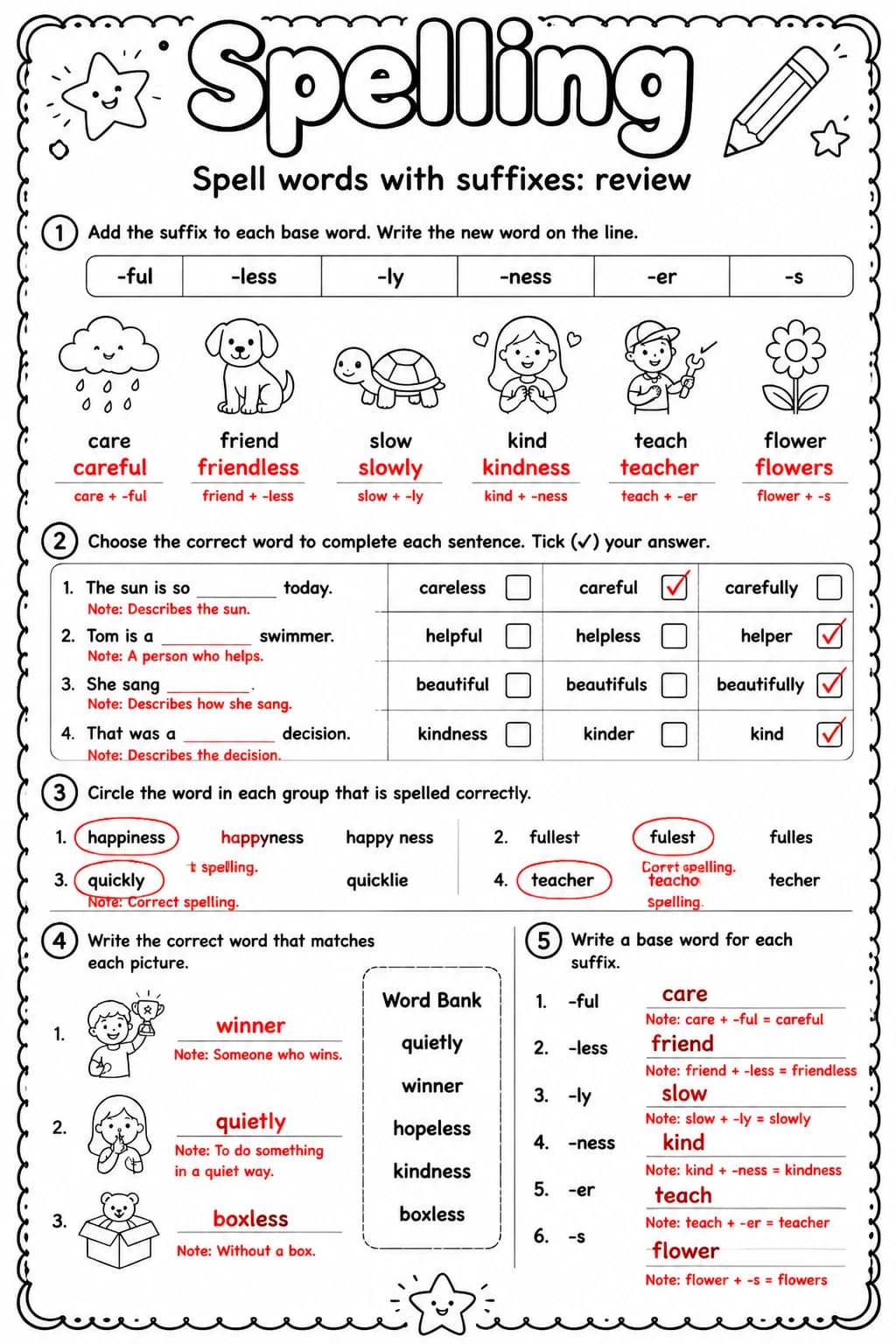 Answer key for Spell words with suffixes: review — free printable English & Reading worksheet