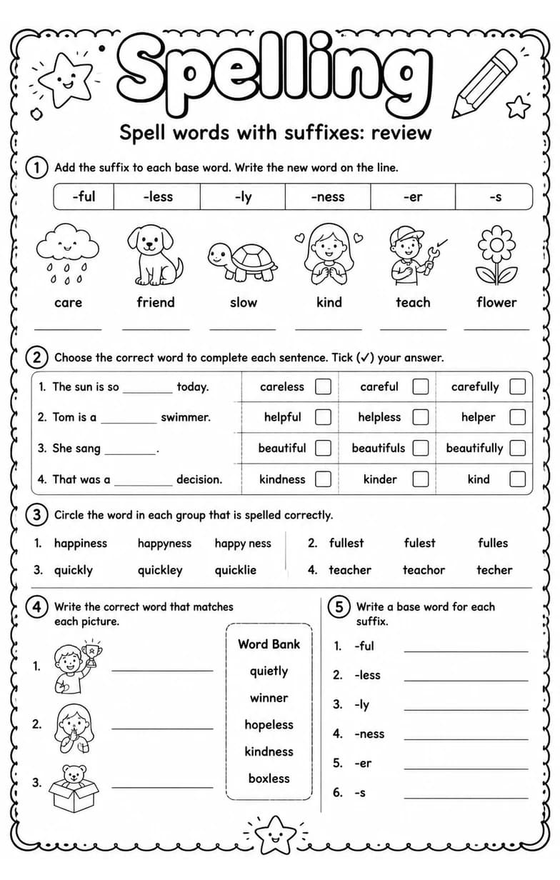 Spell words with suffixes: review — free printable Grade 3 English & Reading worksheet