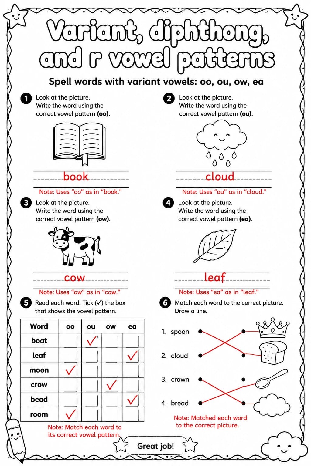 Answer key for Spell words with variant vowels: oo, ou, ow, ea — free printable English & Reading worksheet