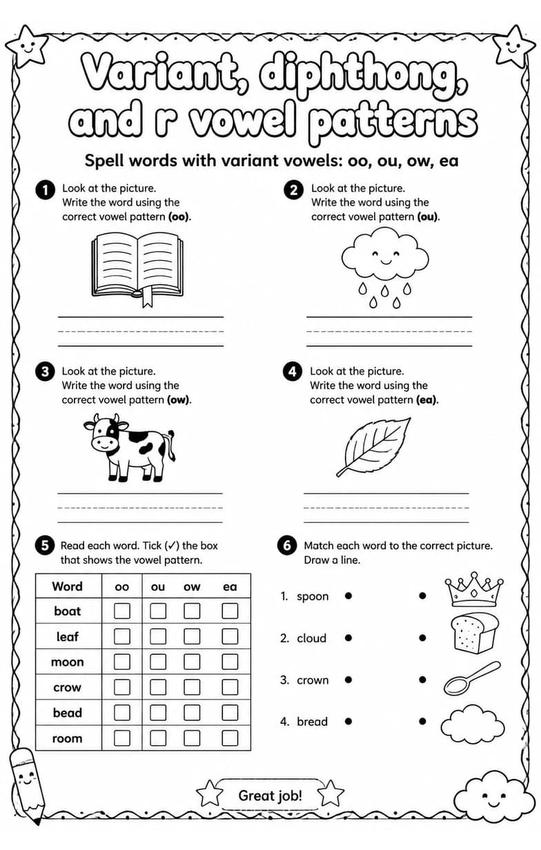 Spell words with variant vowels: oo, ou, ow, ea — free printable Reading foundations English worksheet