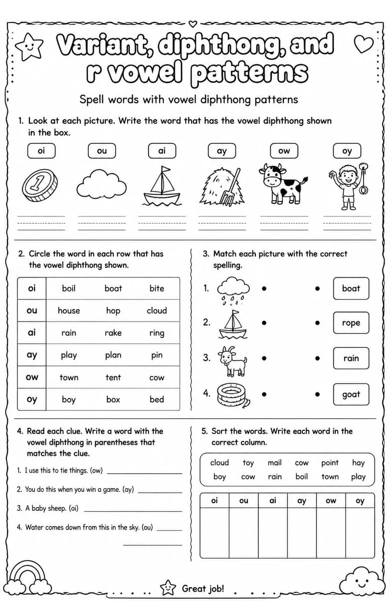 Spell words with vowel diphthong patterns — free printable Reading foundations English worksheet