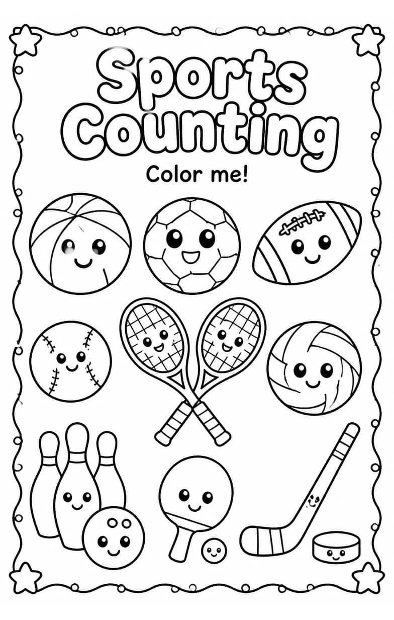 Sports Counting Coloring Page — free printable Grade 1 Math worksheet