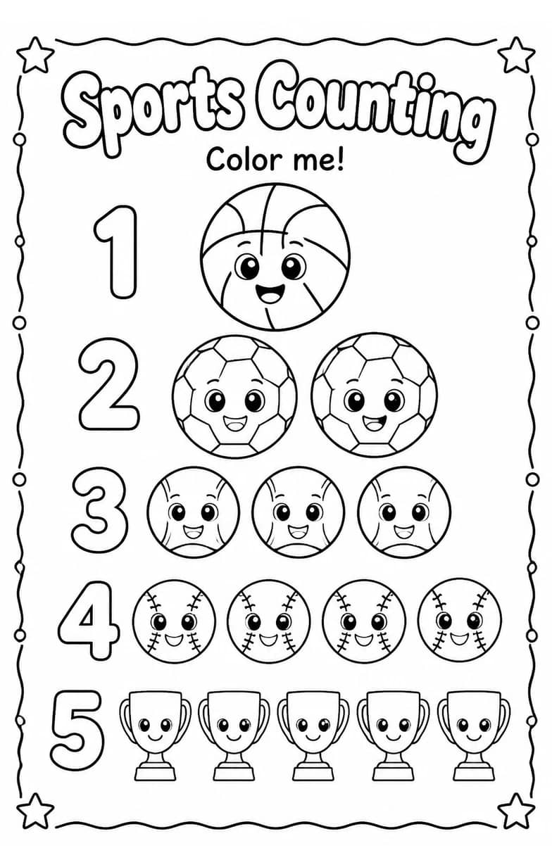 Sports Counting Coloring Page — free printable Kindergarten Math worksheet