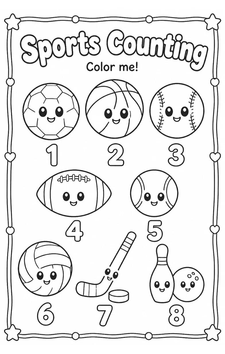 Sports Counting Coloring Page — free printable Pre-K Math worksheet