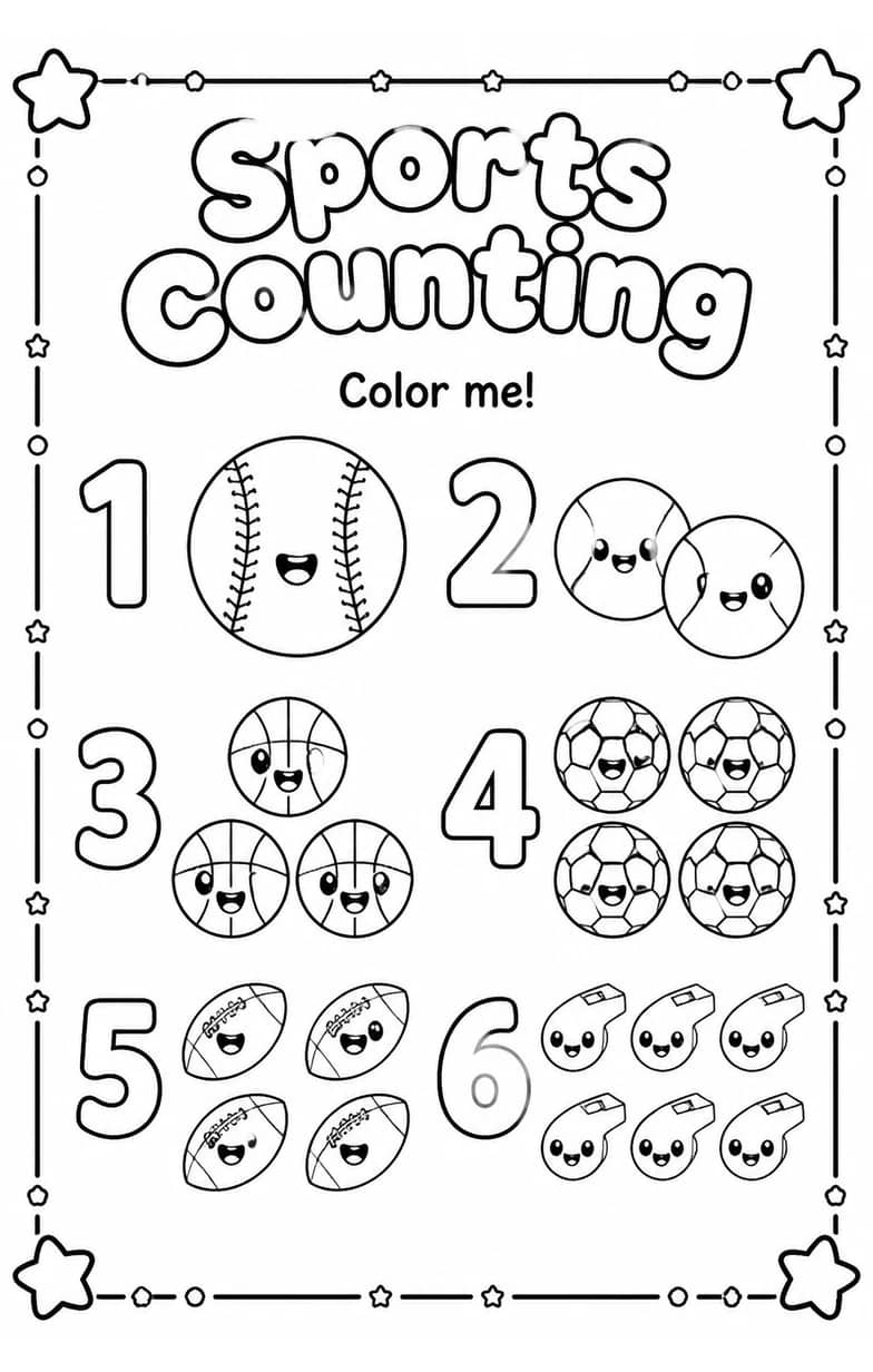 Sports Counting Coloring Page — free printable Preschool Math worksheet