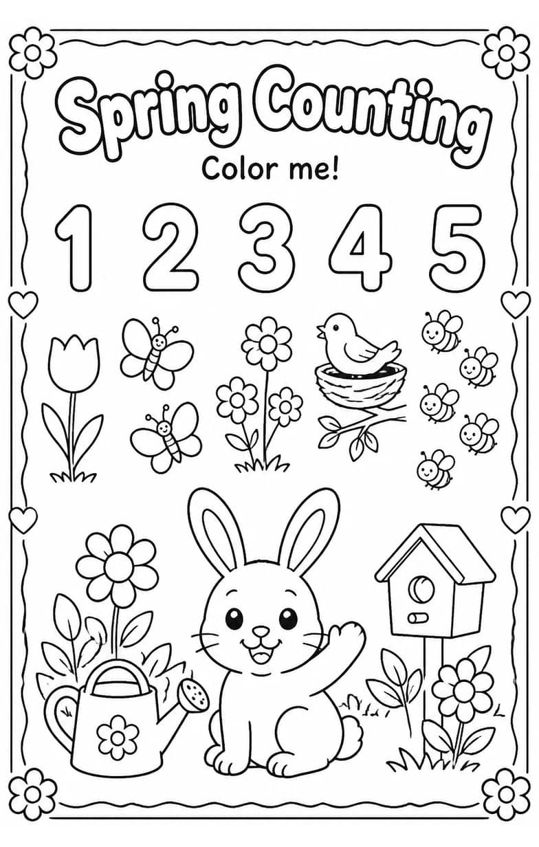 Spring Counting Coloring Page — free printable Grade 2 Math worksheet