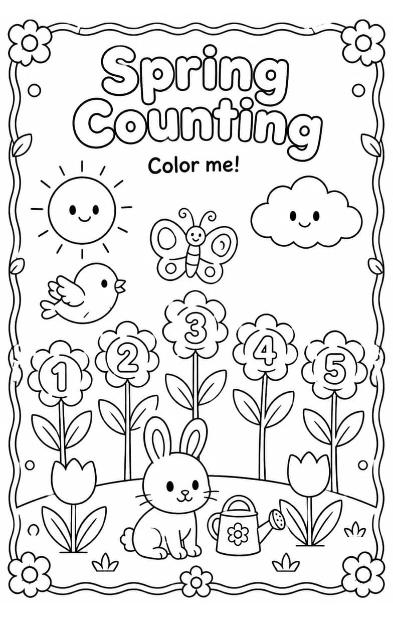 Spring Counting Coloring Page — free printable Kindergarten Math worksheet