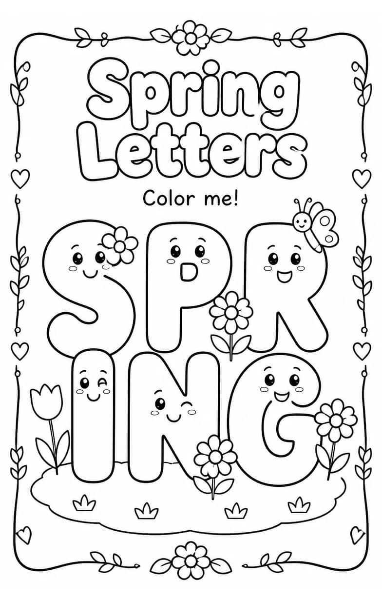 Spring Letters Coloring Page — free printable Kindergarten English & Reading worksheet