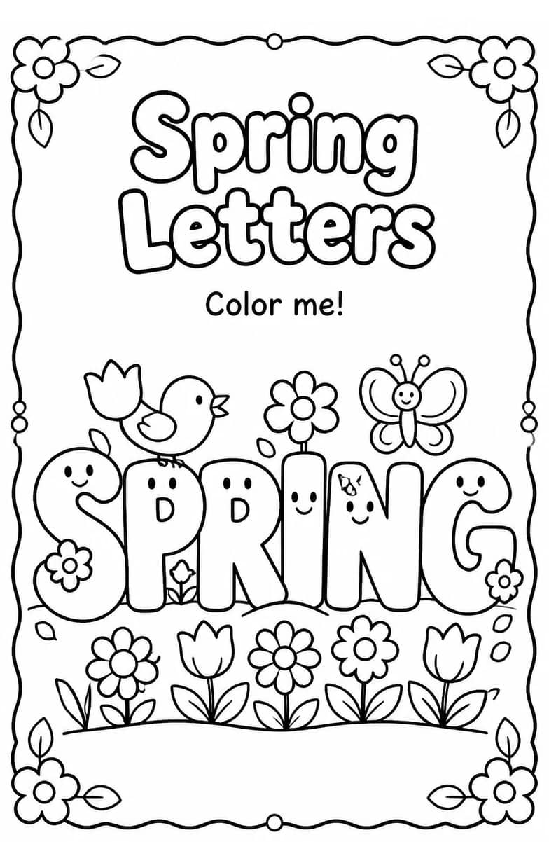 Spring Letters Coloring Page — free printable Preschool English & Reading worksheet