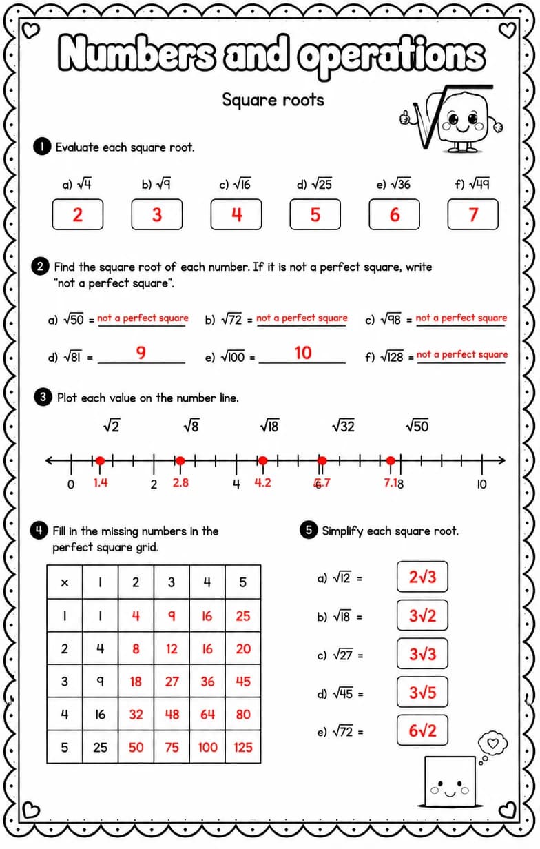 Answer key for Square roots — free printable Math worksheet