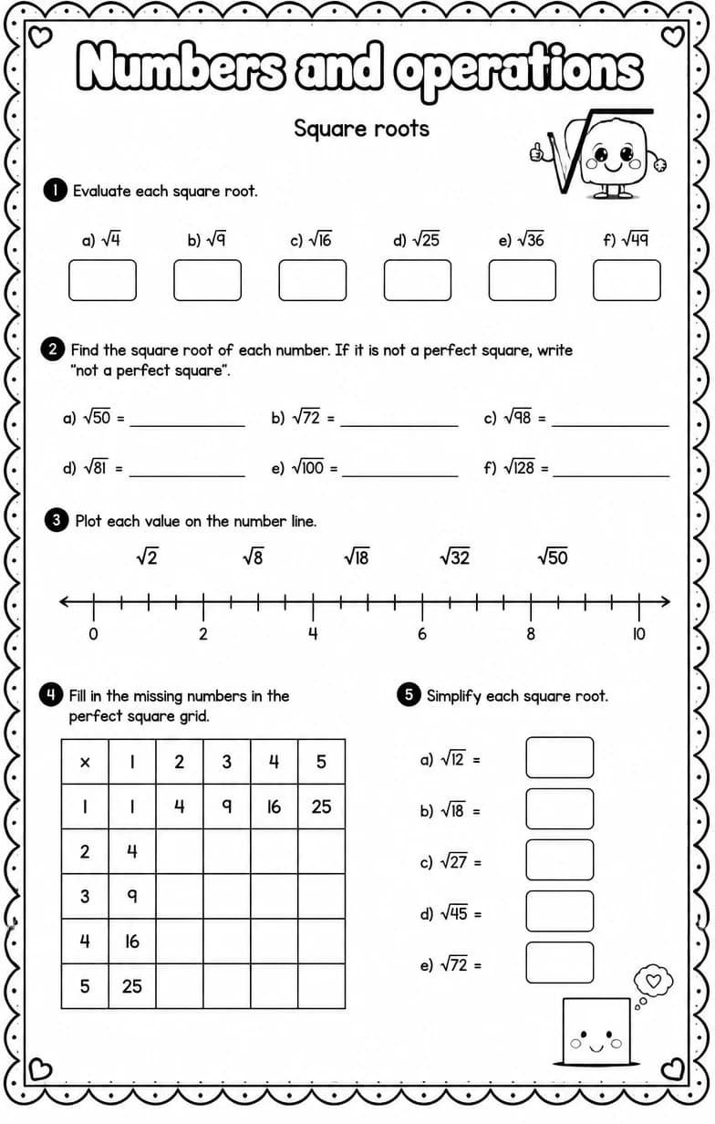Square roots — free printable Algebra 1 math worksheet