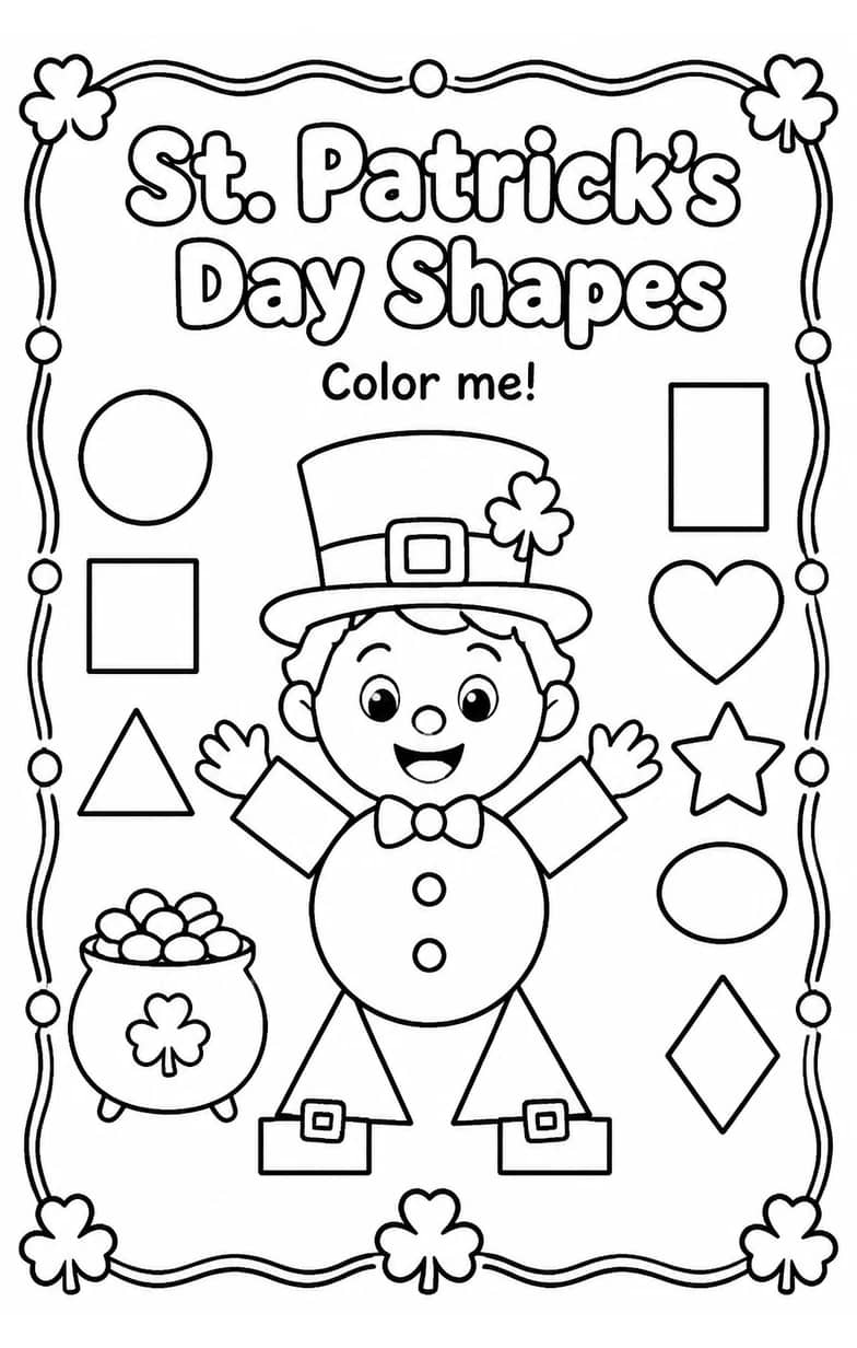 St. Patrick's Day Shapes Coloring Page — free printable Kindergarten Math worksheet
