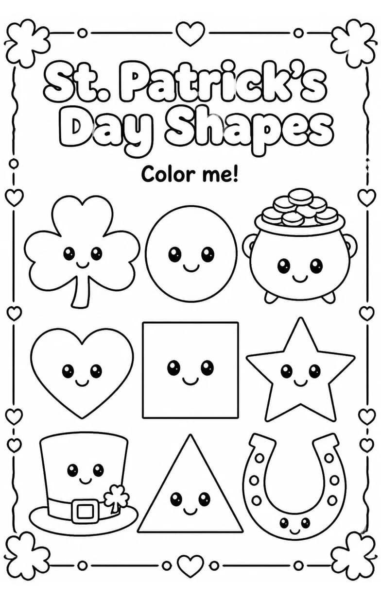 St. Patrick's Day Shapes Coloring Page — free printable Pre-K Math worksheet