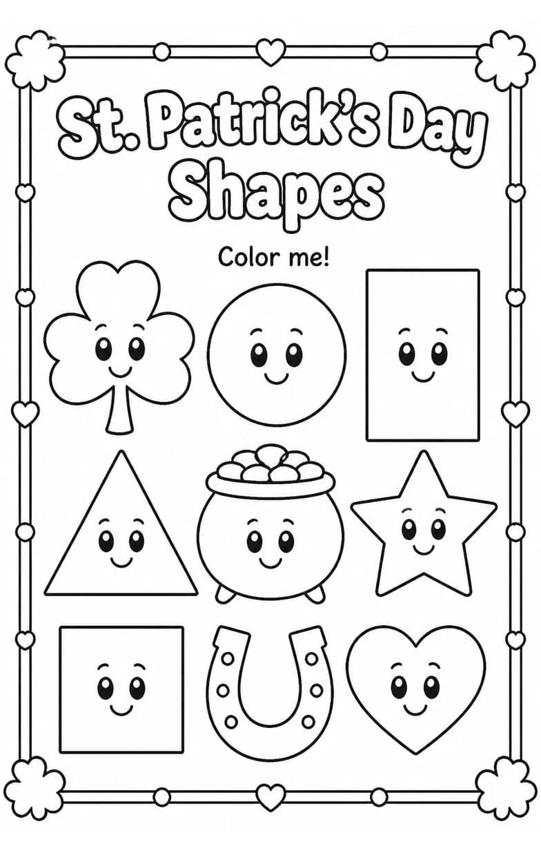 St. Patrick's Day Shapes Coloring Page — free printable Preschool Math worksheet