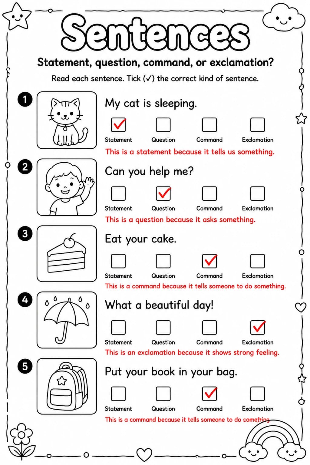 Answer key for Statement, question, command, or exclamation? — free printable English & Reading worksheet