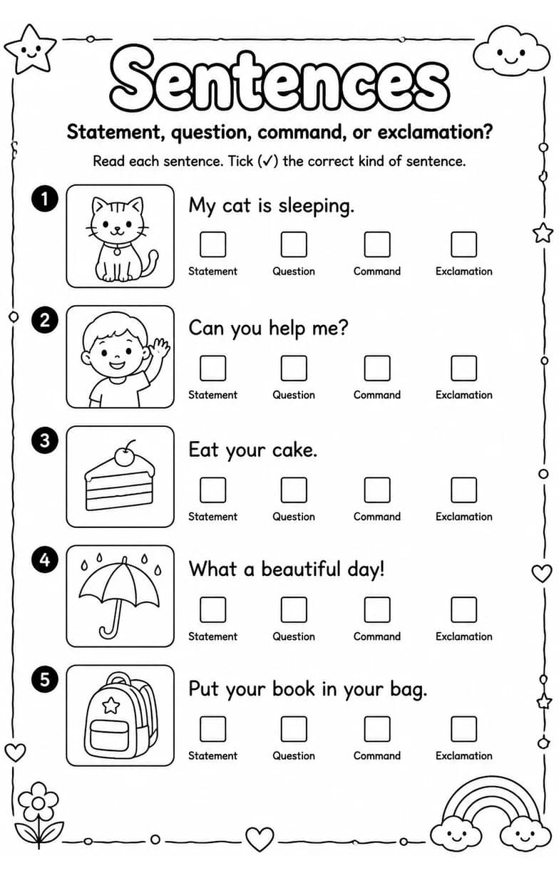 Statement, question, command, or exclamation? — free printable Grammar and mechanics English worksheet