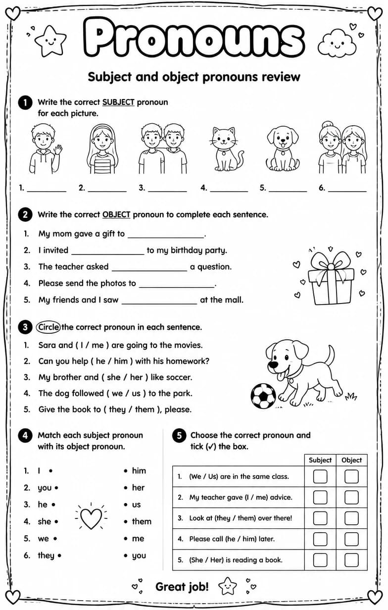 Subject and object pronouns review — free printable High School English & Reading worksheet