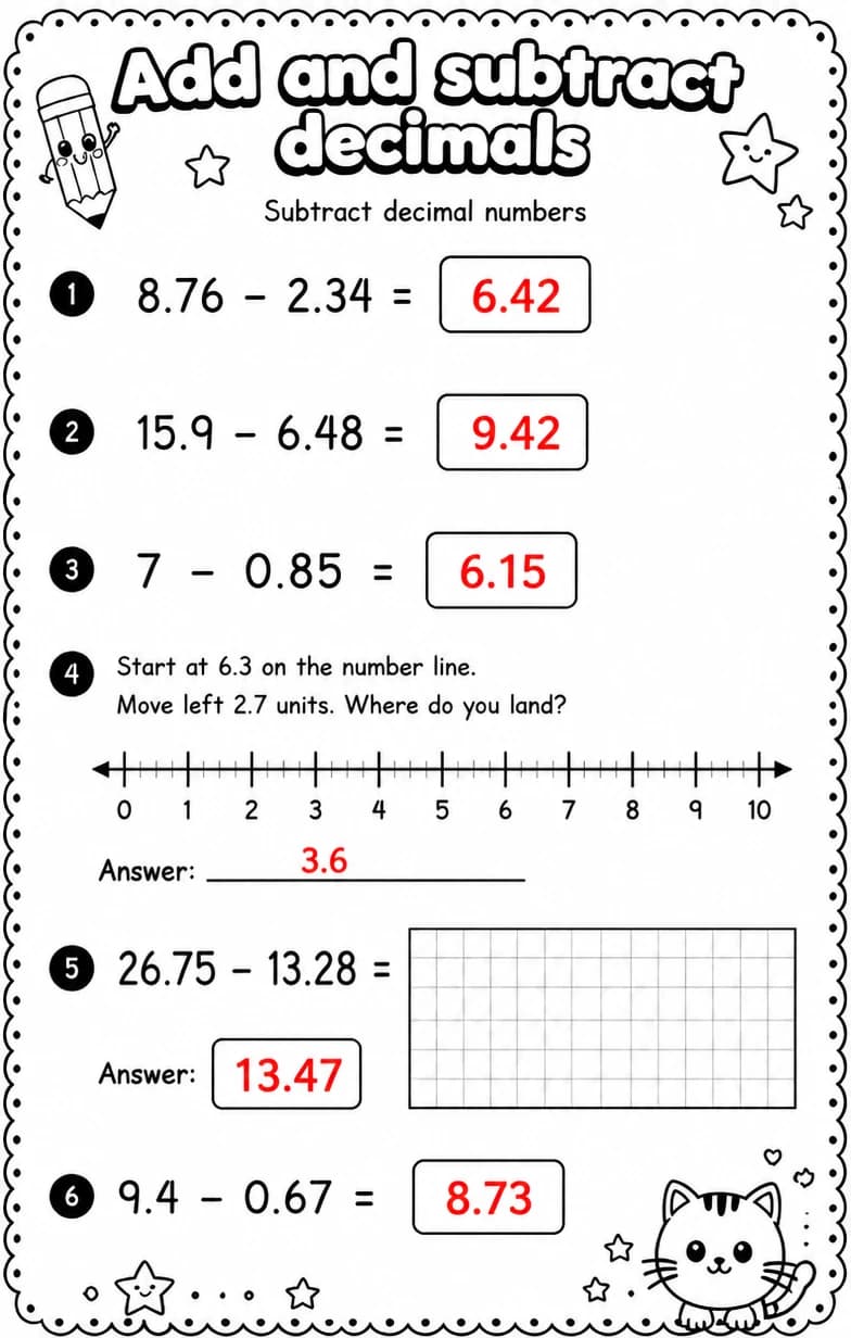 Answer key for Subtract decimal numbers — free printable Math worksheet