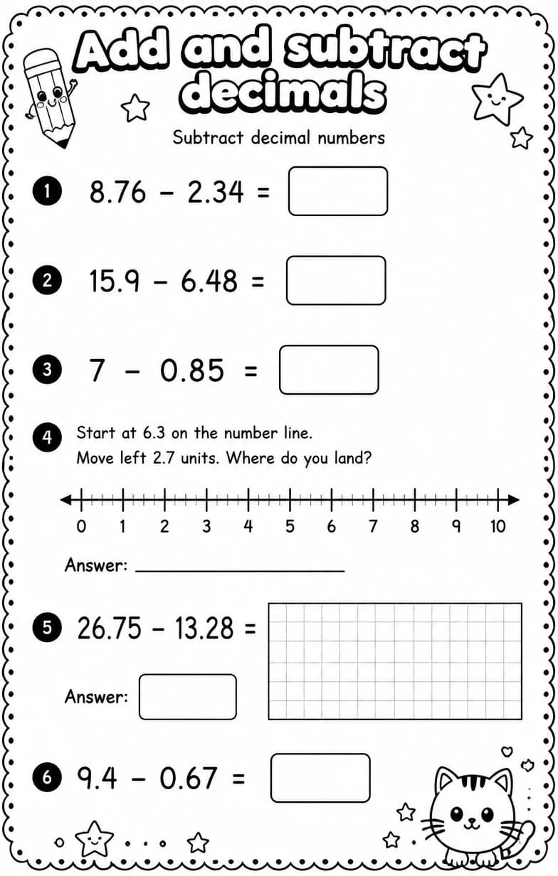 Subtract decimal numbers — free printable Grade 4 Math worksheet