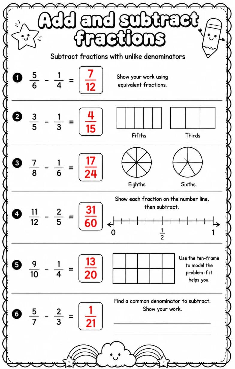 Answer key for Subtract fractions with unlike denominators — free printable Math worksheet