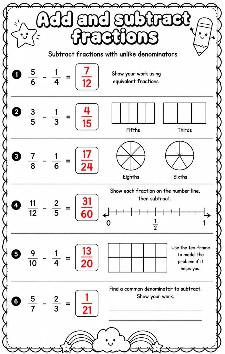 Answer key for Subtract fractions with unlike denominators — free printable Math worksheet