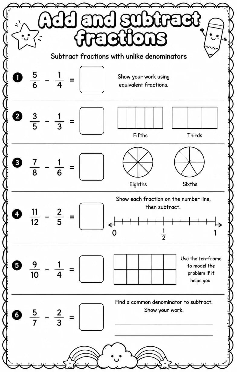 Subtract fractions with unlike denominators — free printable Grade 5 math worksheet