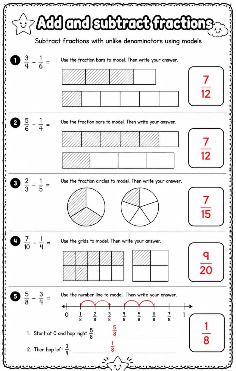 Answer key for Subtract fractions with unlike denominators using models — free printable Math worksheet
