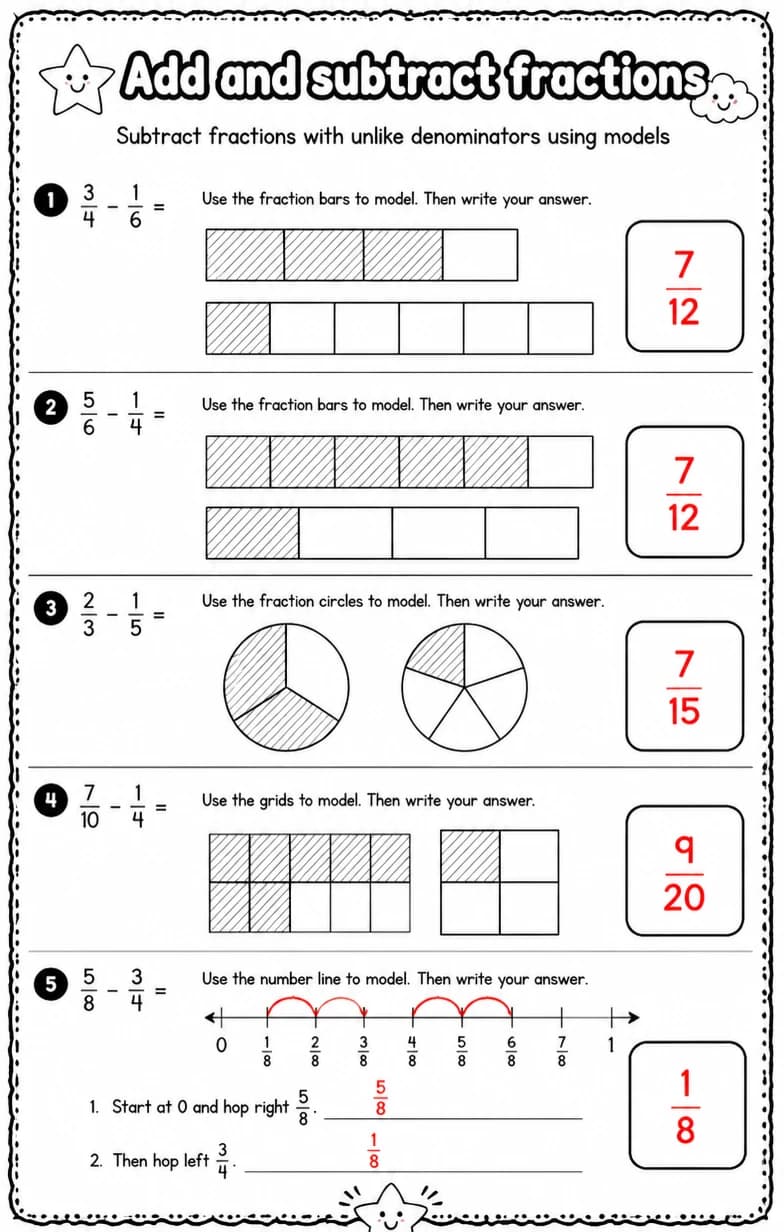 Answer key for Subtract fractions with unlike denominators using models — free printable Math worksheet
