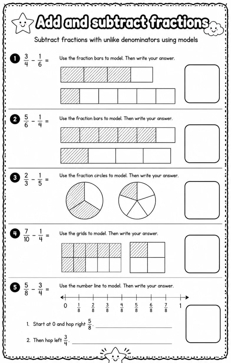 Subtract fractions with unlike denominators using models