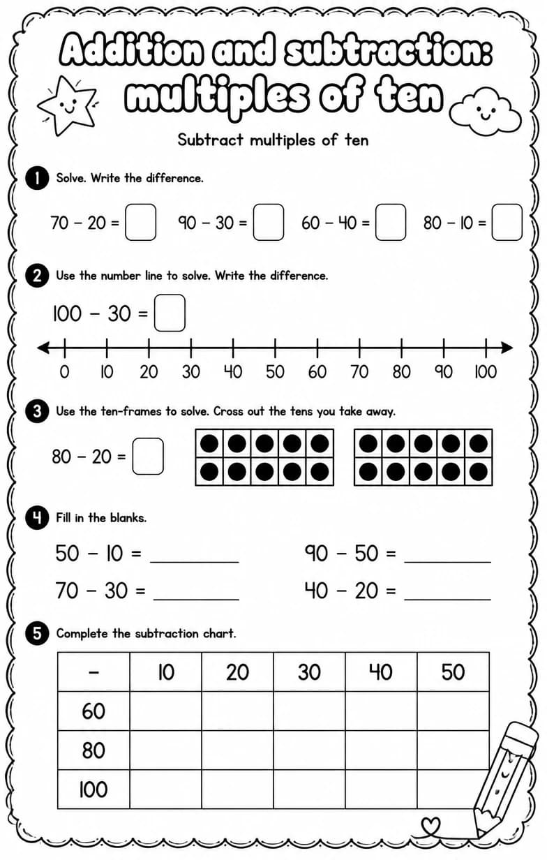 Subtract multiples of ten — free printable Grade 1 math worksheet