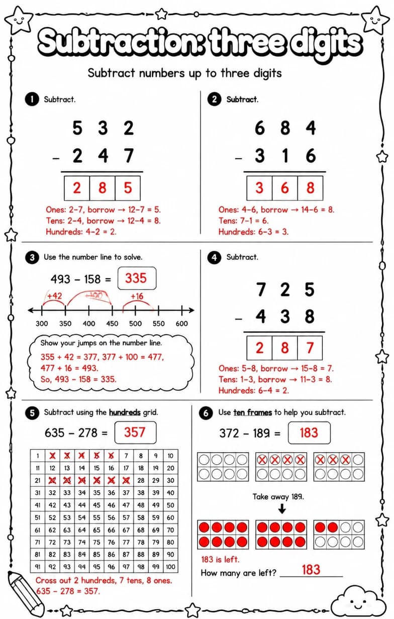 Answer key for Subtract numbers up to three digits — free printable Math worksheet