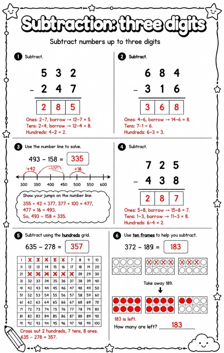 Answer key for Subtract numbers up to three digits — free printable Math worksheet