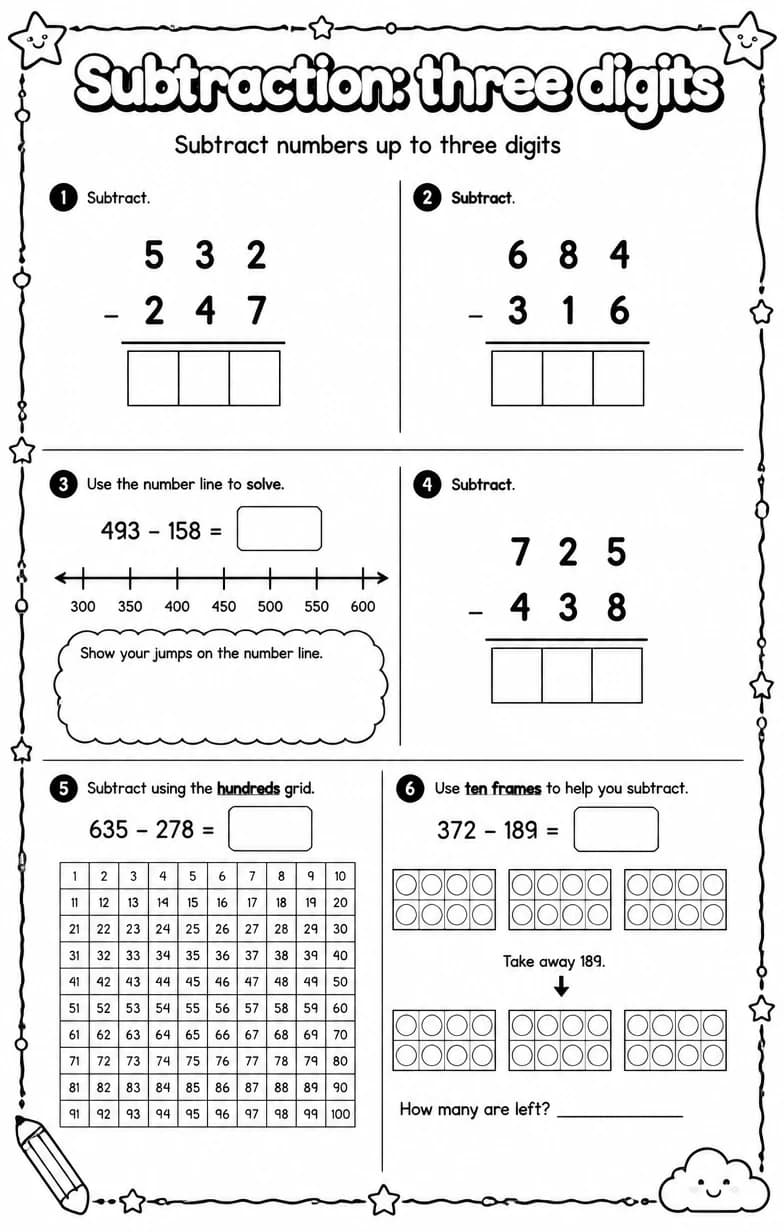 Subtract numbers up to three digits — free printable Grade 3 Math worksheet