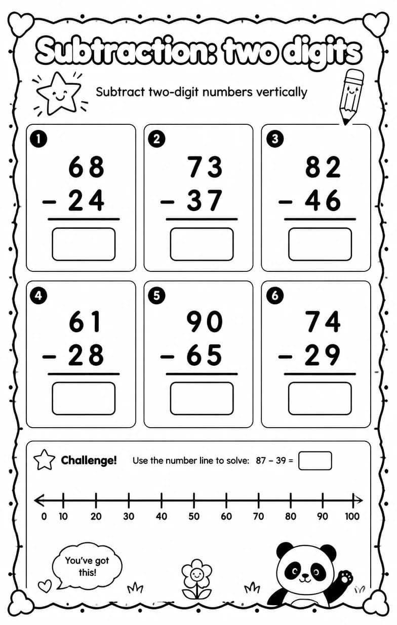 Subtract two-digit numbers vertically — free printable Grade 2 math worksheet