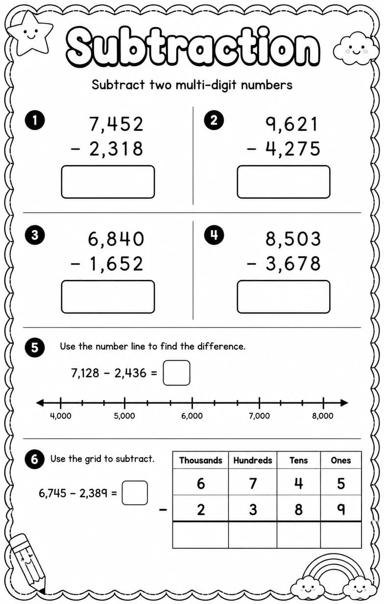 Subtract two multi-digit numbers — free printable Grade 4 Math worksheet