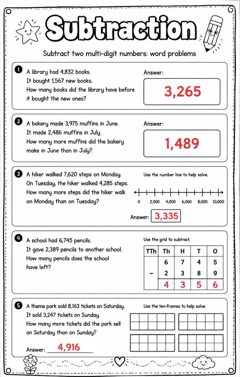 Answer key for Subtract two multi-digit numbers: word problems — free printable Math worksheet