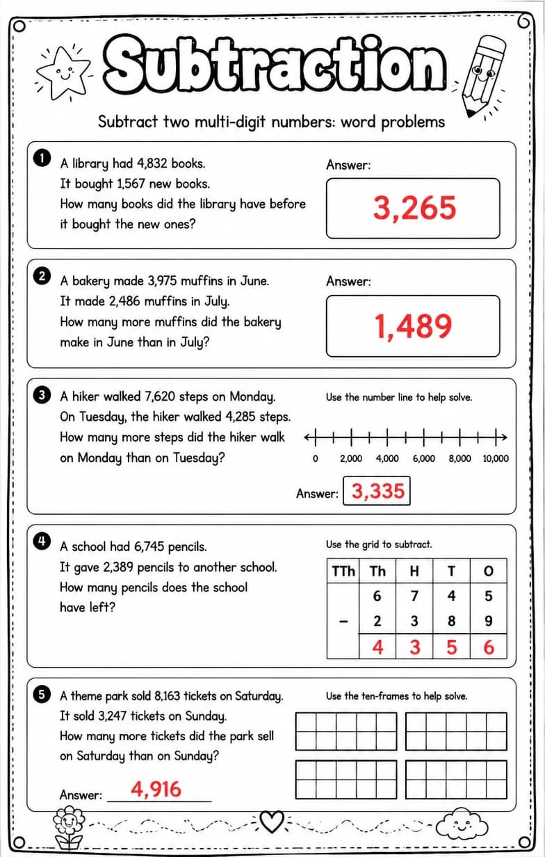 Answer key for Subtract two multi-digit numbers: word problems — free printable Math worksheet